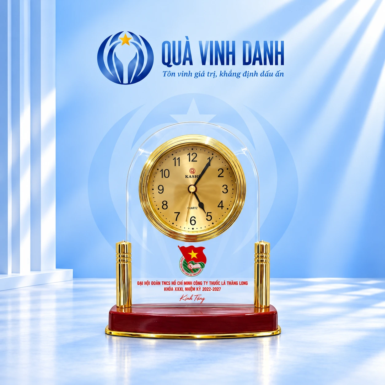 Minh họa Kashi BT5 dáng vòm trên nền Quà Vinh Danh không bục, giữ huy hiệu, tên Thăng Long, khóa XXXI, nhiệm kỳ 2022–2027 và Kính Tặng
