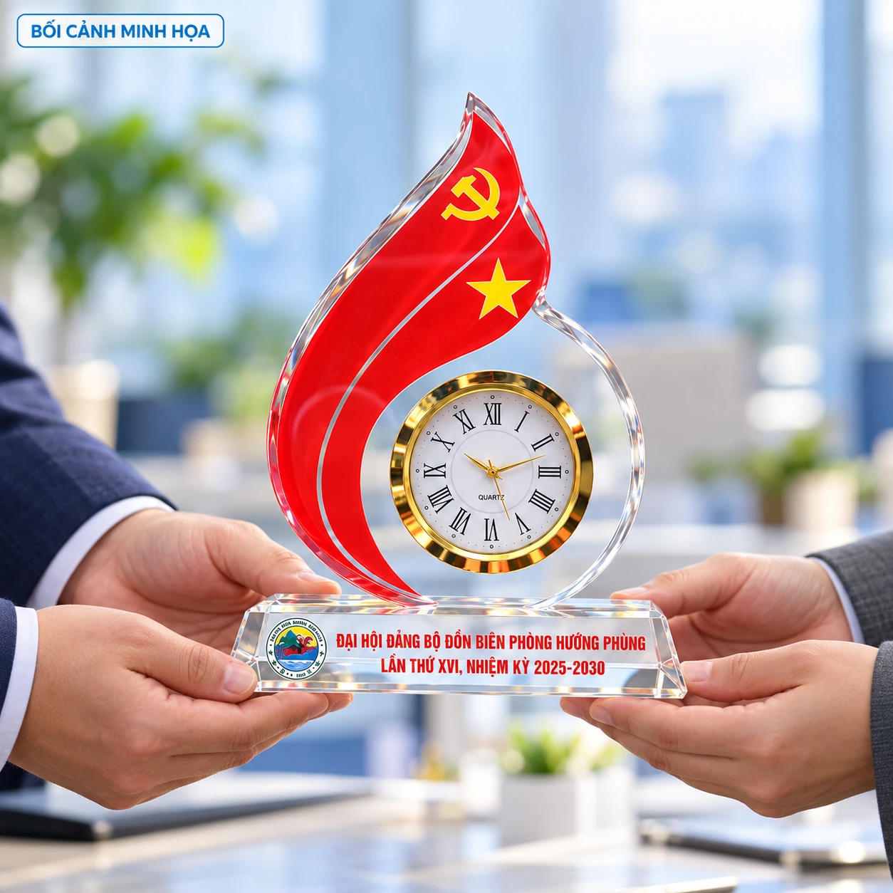 Bối cảnh minh họa trao đồng hồ ngọn lửa hai dải, giữ biểu trưng Hướng Phùng và nhiệm kỳ 2025–2030 trên đế