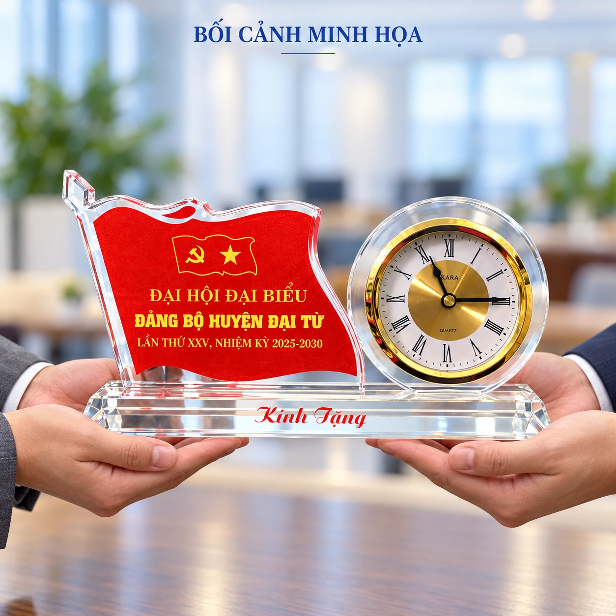 Bối cảnh minh họa trao đồng hồ PL03 dáng cờ, giữ tên Đại Từ, nhiệm kỳ 2025–2030 và Kính Tặng