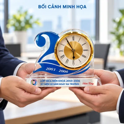 Bối cảnh minh họa trao đồng hồ số 20 màu xanh đế trong, giữ nội dung Lớp 12C4 và Kính Tặng của mẫu nguồn