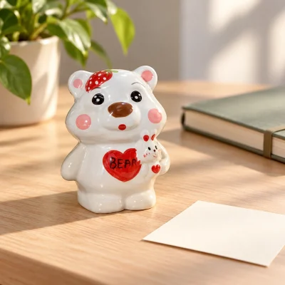 Minh họa AI gấu Bear trắng đặt trên bàn gỗ sáng cạnh thiệp trống