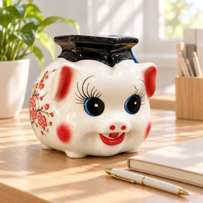Mô phỏng heo cử nhân trắng S1 đặt trên bàn học gỗ sáng cạnh sổ và bút