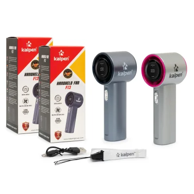 Ảnh tổng Kalpen F13 hai phối màu giữ hộp đỏ Handheld Fan F13 chữ Type C cáp USB dây trắng logo Kalpen và nhãn nguyên bản