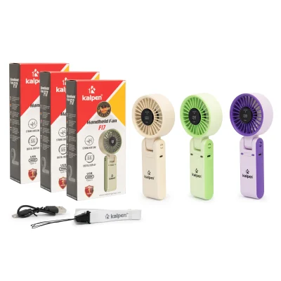 Ảnh tổng Kalpen F17 ba màu kem xanh tím giữ hộp đỏ Handheld Fan F17 chữ Type C logo cáp USB và dây đeo nguyên bản