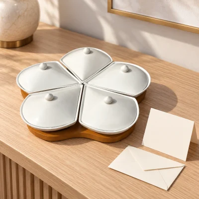 Bối cảnh minh họa bộ khay mứt năm cánh khế đóng nắp đặt cạnh thiệp cảm ơn và phong bì trống