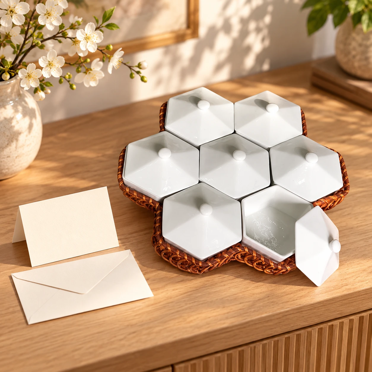 Bối cảnh minh họa bộ khay mứt tổ ong bảy hộp đặt cạnh thiệp cảm ơn và phong bì trống