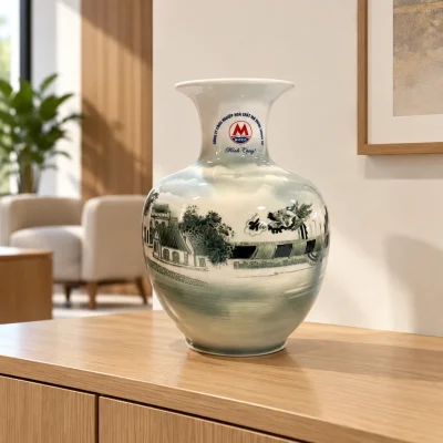 Bối cảnh mô phỏng lọ hoa cảnh Cầu Rồng trên mặt bàn trưng bày