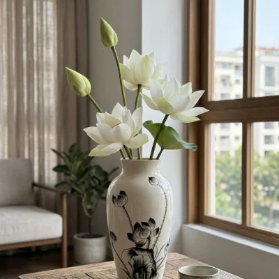 Bối cảnh minh họa từ nguồn: lọ sen đen cắm sen trắng trên bàn gỗ cạnh cửa sổ
