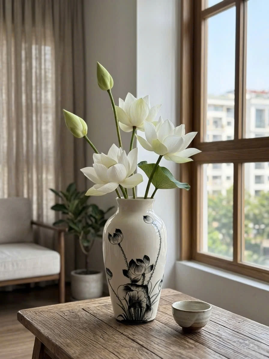 Bối cảnh minh họa từ nguồn: lọ sen đen cắm sen trắng trên bàn gỗ cạnh cửa sổ
