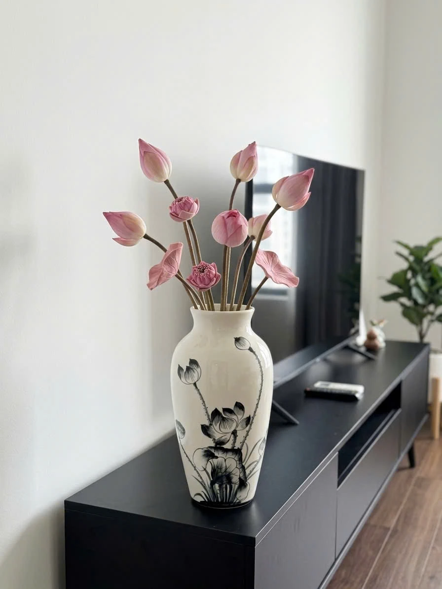 Bối cảnh minh họa từ nguồn: lọ men trắng sen đen cắm sen hồng đặt cạnh kệ trong phòng