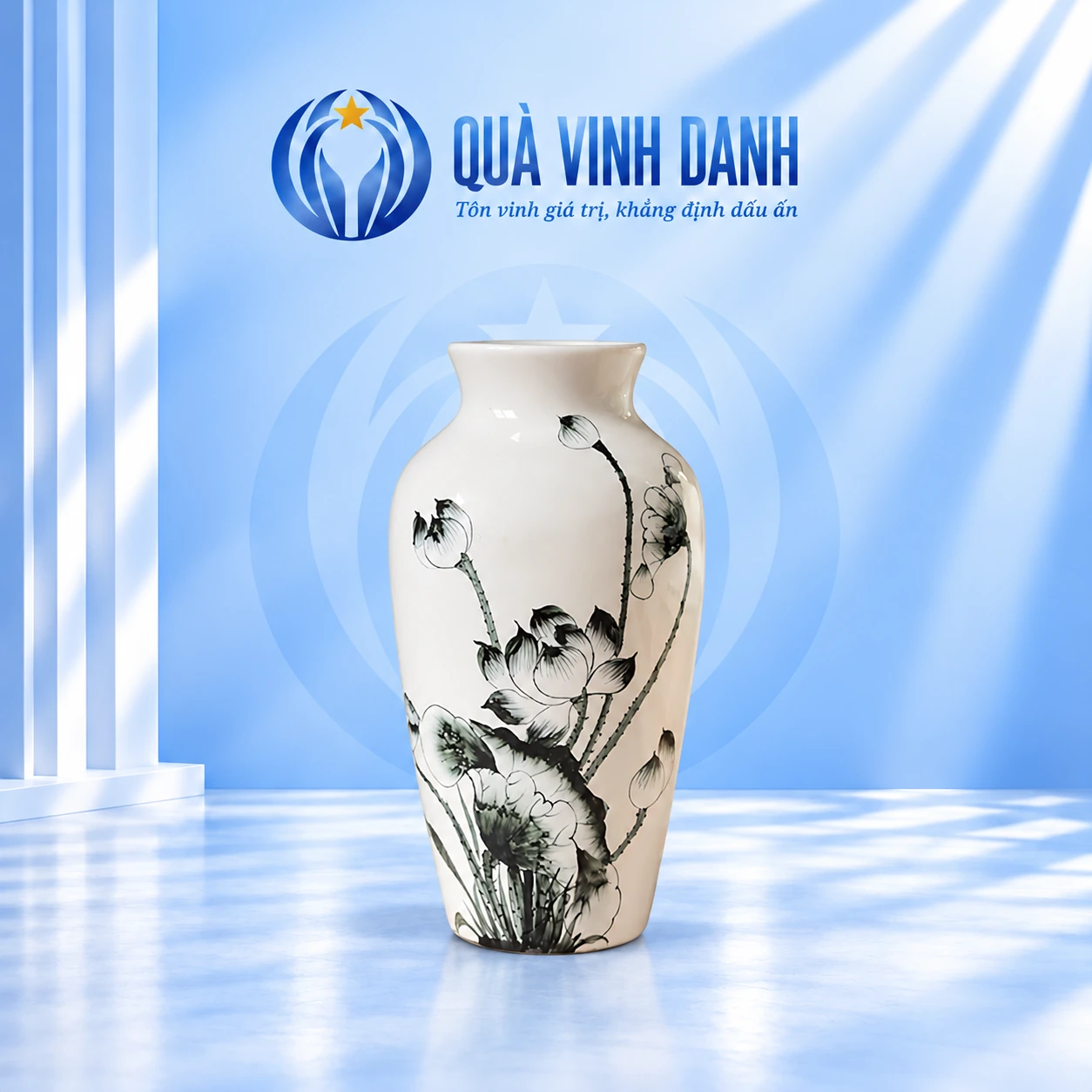 Lọ hoa cổ rụt men trắng vẽ sen đen, vai tròn và thân thu về đáy trên nền Quà Vinh Danh