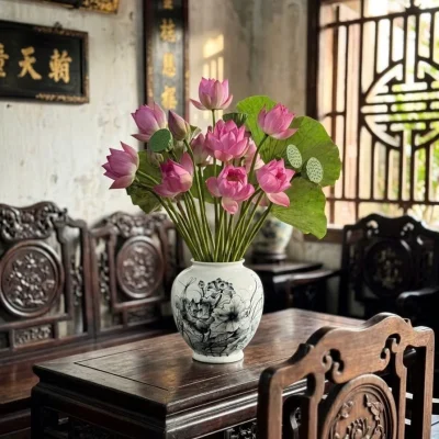 Bối cảnh minh họa lọ dáng vò sen đen cắm sen hồng trên bàn gỗ