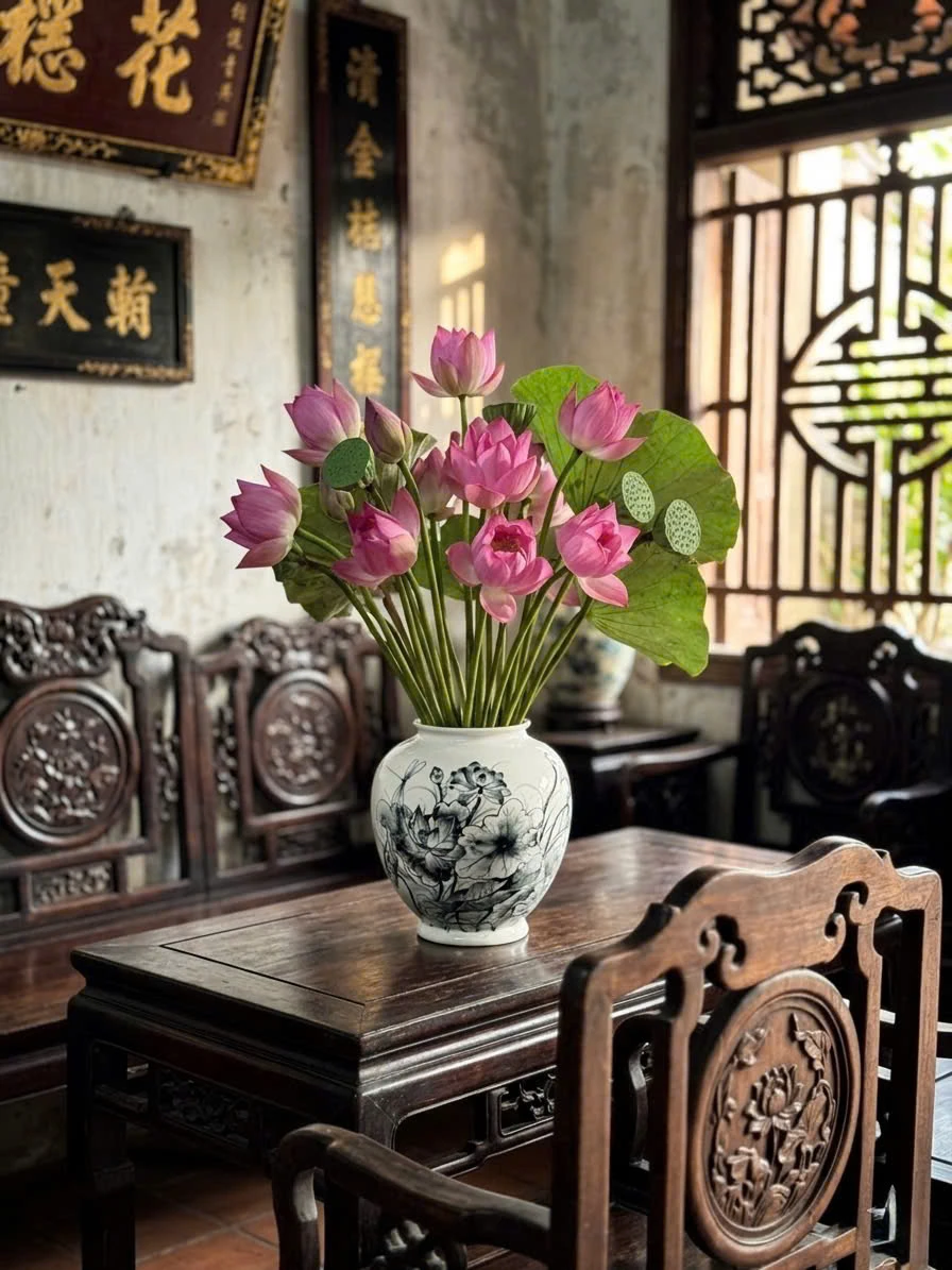 Bối cảnh minh họa lọ dáng vò sen đen cắm sen hồng trên bàn gỗ