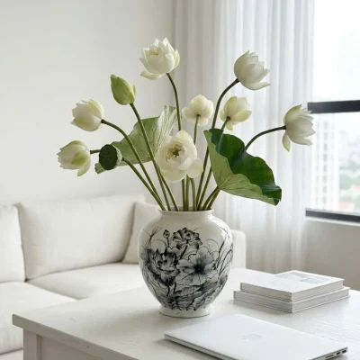 Bối cảnh minh họa lọ hoa sen đen cắm hoa trắng trên bàn sáng gần cửa sổ