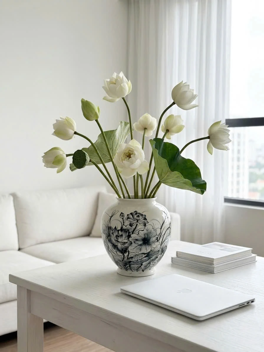 Bối cảnh minh họa lọ hoa sen đen cắm hoa trắng trên bàn sáng gần cửa sổ