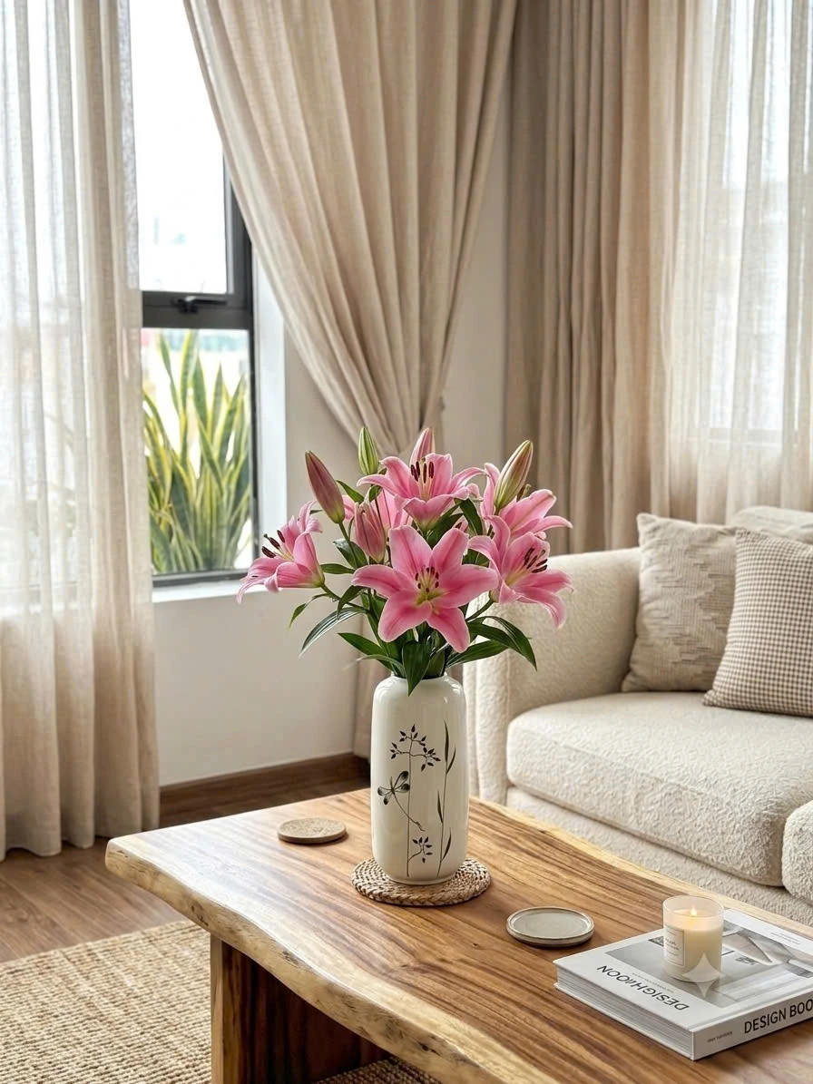 Lọ hoa men trắng chuồn chuồn cắm hoa ly hồng trên bàn gỗ cạnh sofa sáng màu