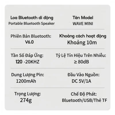 Bảng thông số nguồn StarGO Wave Mini nguyên khung ghi Bluetooth V6.0 khoảng 10m pin 1200mAh nguồn DC 5V1A trọng lượng 274g và các chế độ phát