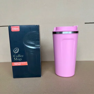 Ảnh thật nguồn ly hồng trơn cạnh hộp Coffee Mugs có nhãn 510ml giữ nguyên