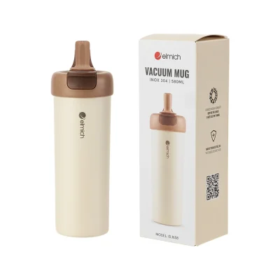 Ảnh catalog ly và hộp Elmich giữ thông tin Vacuum Mug 580ML model EL1658 cùng logo hãng