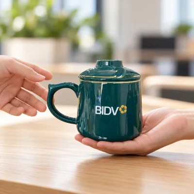 Cảnh minh họa trao ly xanh đậm có nắp núm tròn, giữ chữ BIDV và biểu trưng, tay đỡ đáy và tay phía quai trái