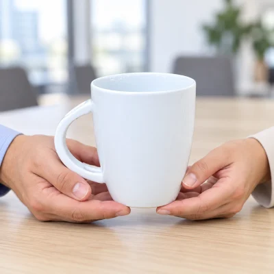 Minh họa hai bàn tay cùng đỡ một ly sứ quai thìa trắng trơn tại bàn