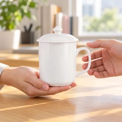 Cảnh minh họa trao một ly sứ trắng trơn có nắp, quai vuông bên phải, tay đỡ đáy và tay tiếp nhận