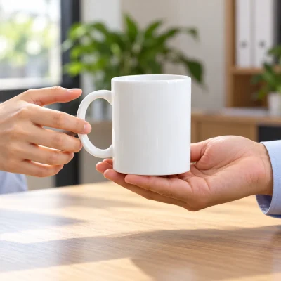 Cảnh minh họa trao một ly trụ 101N trắng trơn, tay đỡ đáy ly và tay người nhận ở phía quai chữ C