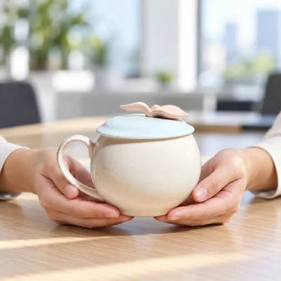 Minh họa hai bàn tay đỡ một ly táo kem trơn có nắp xanh nhạt và núm hai lá