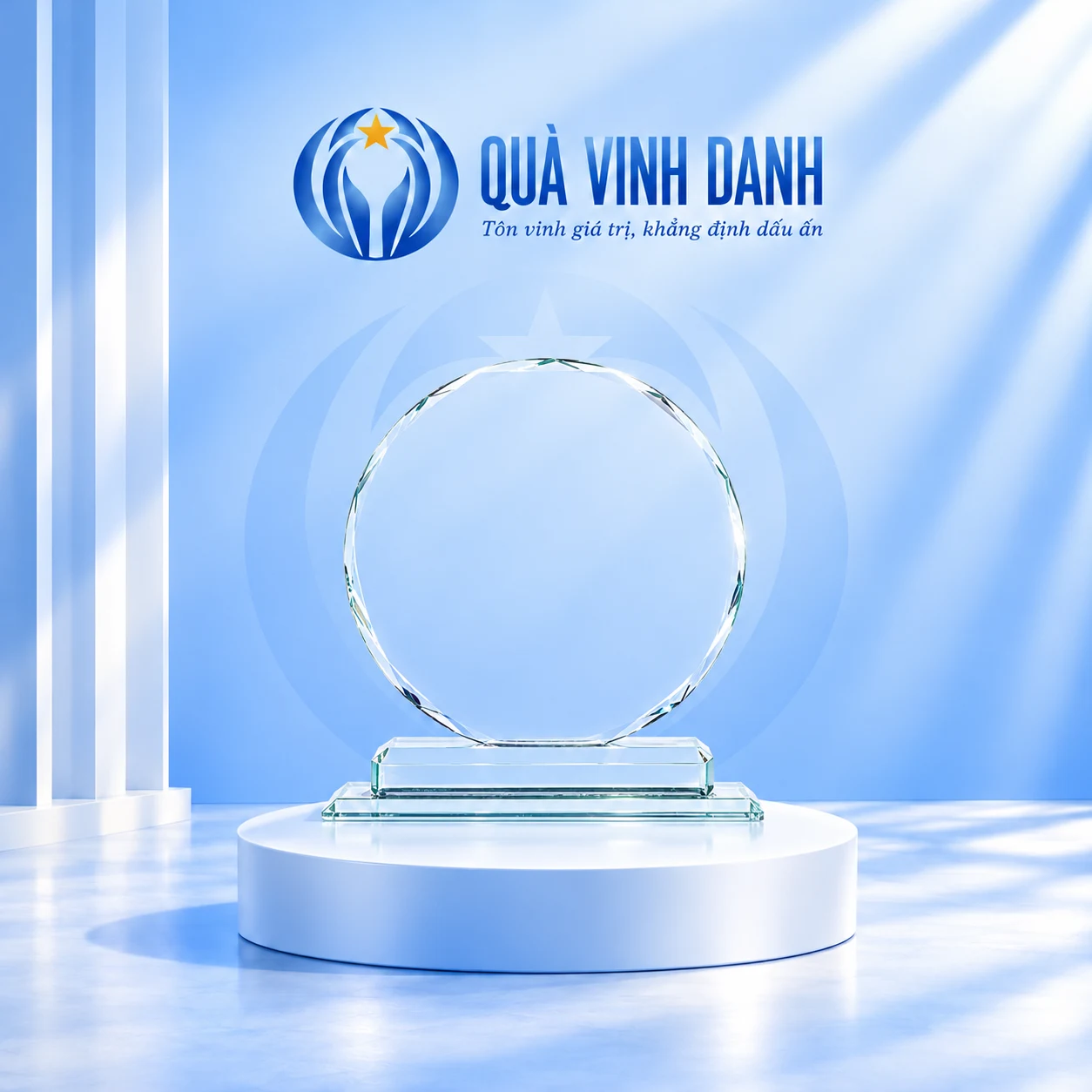 Kỷ niệm chương pha lê mặt trời phi 12 chân hai tầng trên nền Quà Vinh Danh