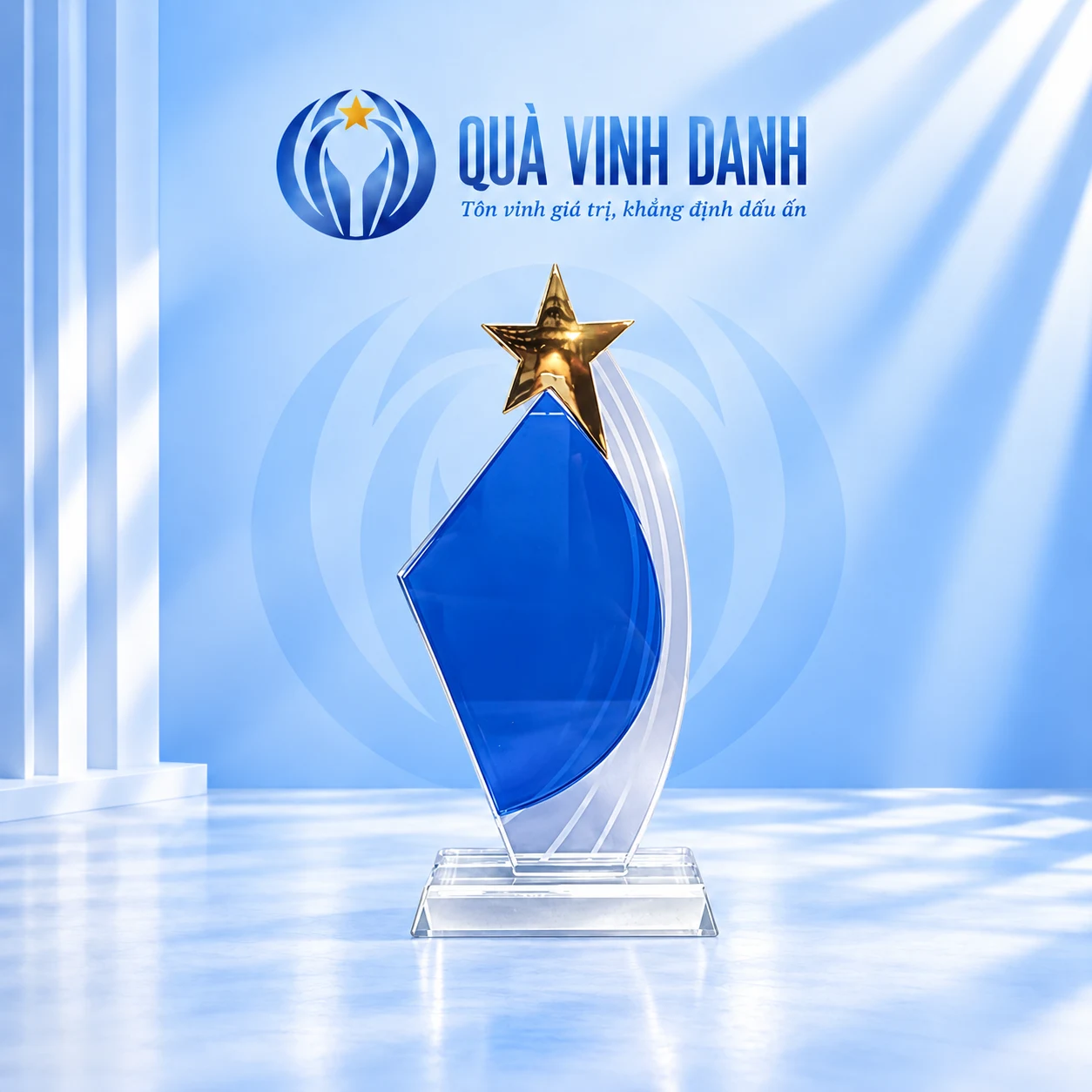 Kỷ niệm chương pha lê mẫu 06 mặt xanh bất đối xứng và sao vàng trên nền Quà Vinh Danh