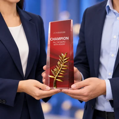 Minh họa đồng nghiệp trao kỷ niệm chương mẫu 10 mặt đỏ nhánh lá vàng