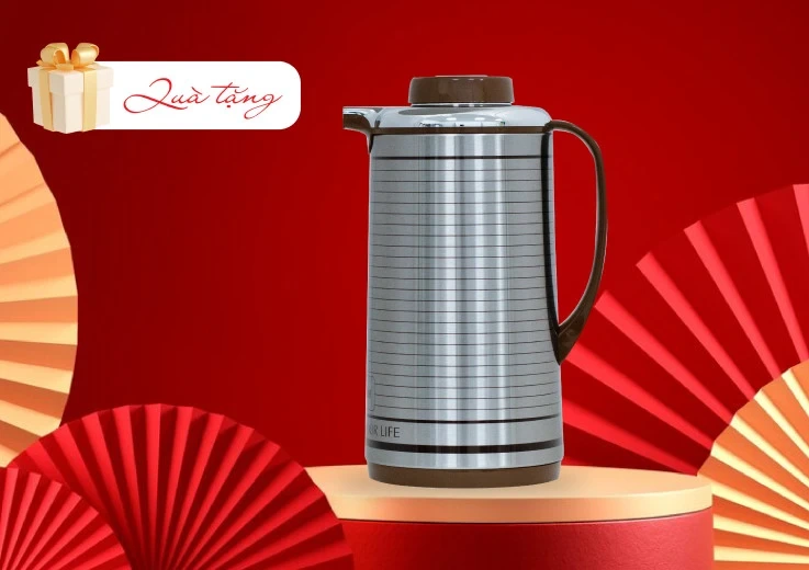 Catalog phích inox kẻ sọc nắp nâu trên nền đỏ có chữ Quà tặng giữ nguyên phần chữ phía dưới thân