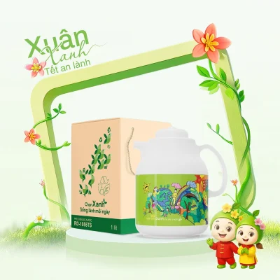 Catalog nguồn phích họa tiết xanh cạnh hộp ghi RD1055TS 1 lít giữ đầy đủ chữ và bố cục Xuân Xanh Tết an lành