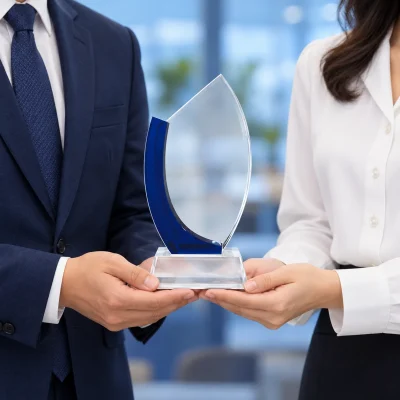 Minh họa đồng nghiệp trao kỷ niệm chương sen xanh mẫu 09 bằng cách đỡ phần chân