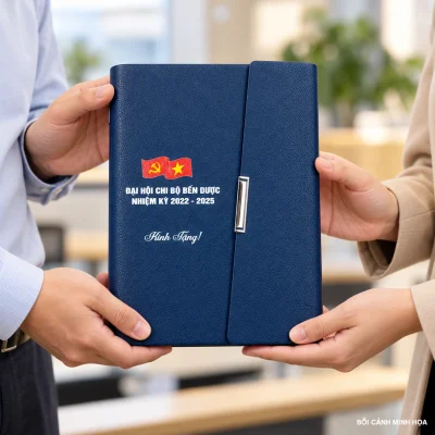 Bối cảnh minh họa trao sổ SC01 xanh đậm, giữ tên Chi bộ Bến Dược nhiệm kỳ 2022–2025 và lời đề tặng theo nguồn