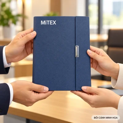 Bối cảnh minh họa trao một sổ SC08 xanh mép gập thẳng, giữ chữ MiTEX theo ảnh nguồn