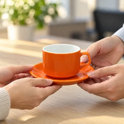 Cảnh minh họa trao một tách cam lòng trắng trên đĩa cam, giữ toàn bộ cặp trong khung hình