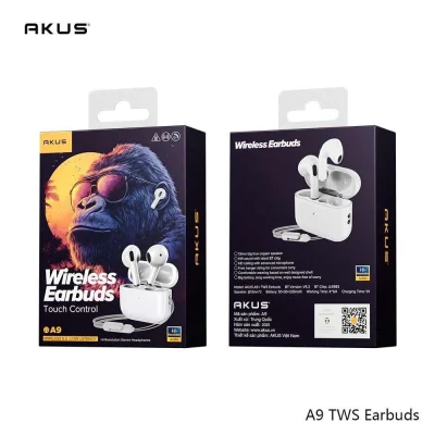 Catalogue bao bì AKUS A9 hai mặt giữ hình khỉ đột đeo kính chữ Wireless Earbuds Touch Control A9 thông tin mặt sau và số năm2025 nguyên khung