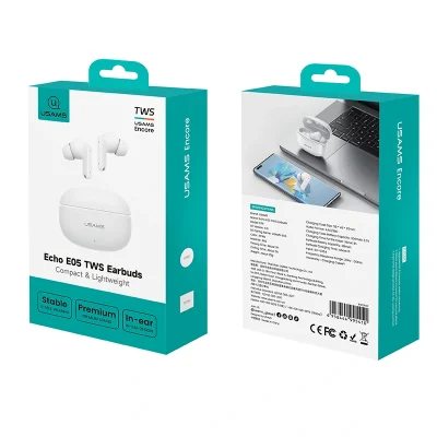 Ảnh nguồn mặt trước và sau hộp USAMS Echo E05 có hình tai nghe trắng