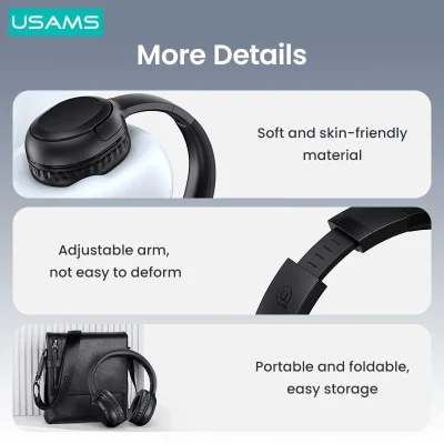 Bảng ảnh chi tiết USAMS YG23 về phần đệm, vòng đội đầu điều chỉnh và cách gấp tai nghe