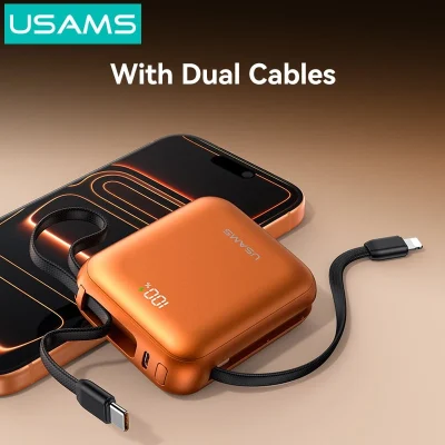 Catalogue USAMS CD258 PB86 màu cam tham khảo hai đầu dây USB-C và Lightning giữ chữ With Dual Cables logo và góc cạnh gốc