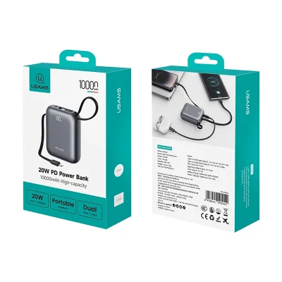 Catalogue hộp USAMS CD258 PB86 mặt trước sau giữ hình mẫu xám 20W PD Power Bank 10000mAh thông số mã vạch và các nhãn gốc