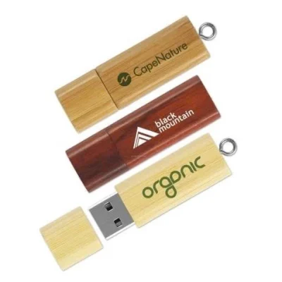 Ảnh nguồn USB gỗ UGV 001 giữ CapeNature đóng nắp có vòng nối black mountain nền sẫm và organic mở cùng nắp rời